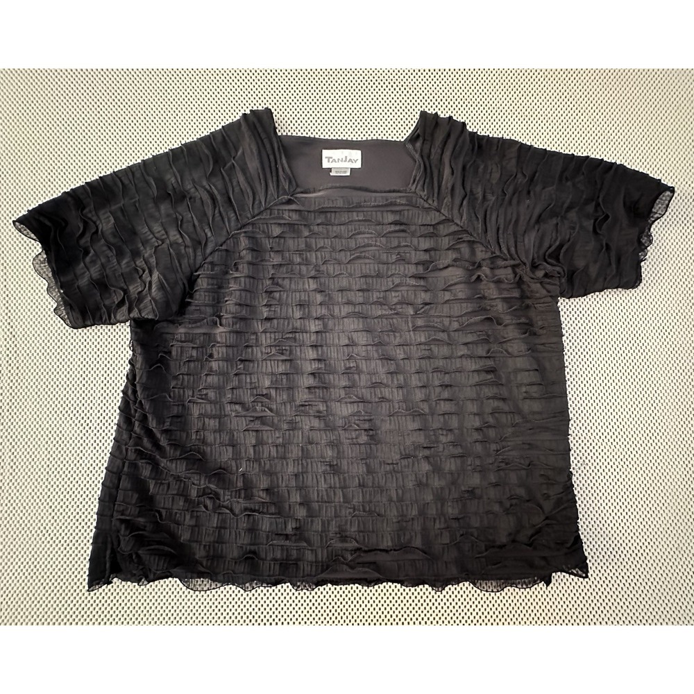 TanJay Top Blouse 1x/2x Black Textured Shirt Square Neck Stretch Lined Pullover‎